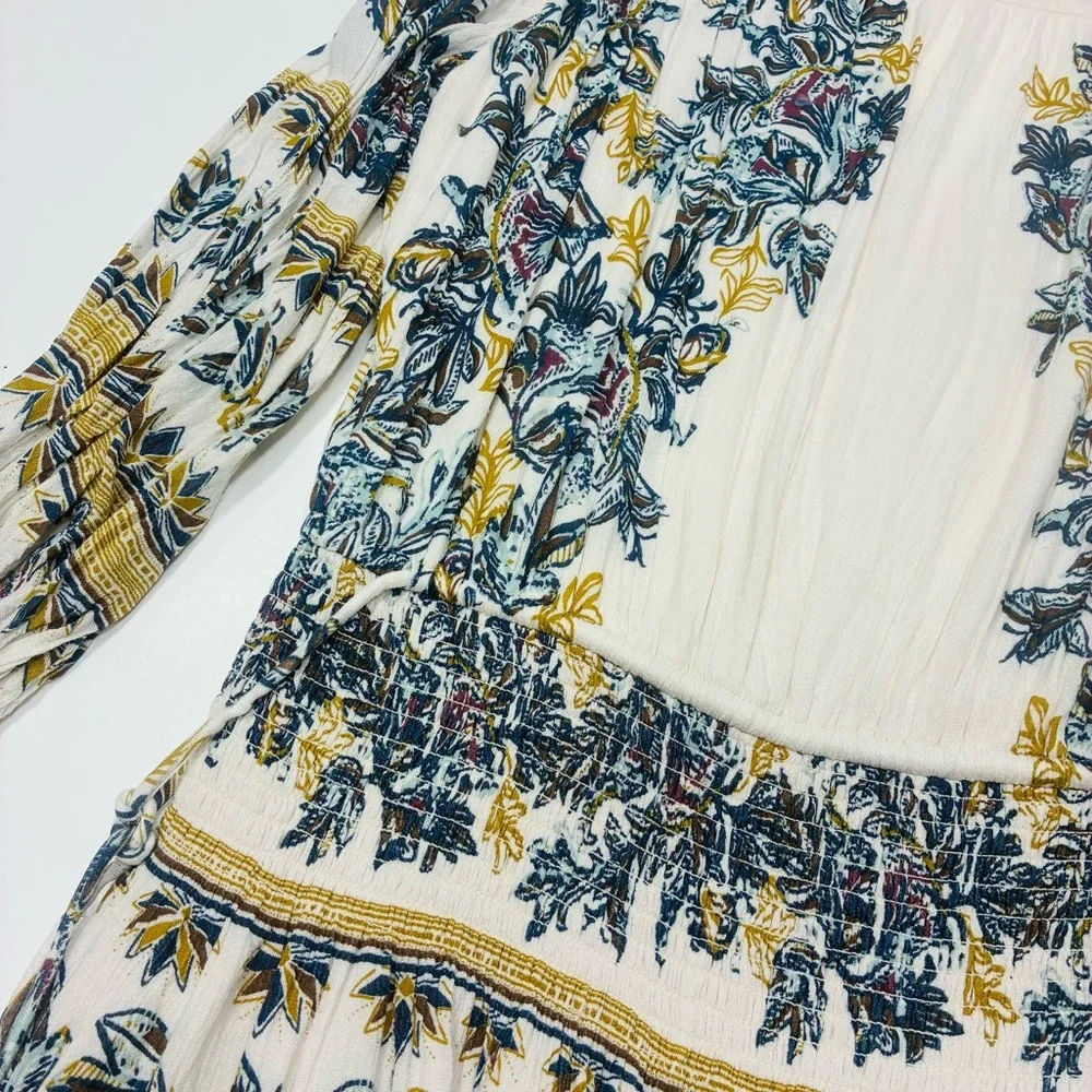 Free People Women Dress Size XS‎ Extra Small Ivory Tan Floral Long Sleeve Tassel